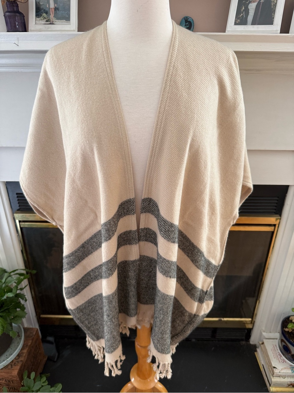 LOFT Beige and Gray Striped Open-Front Poncho with Fringe